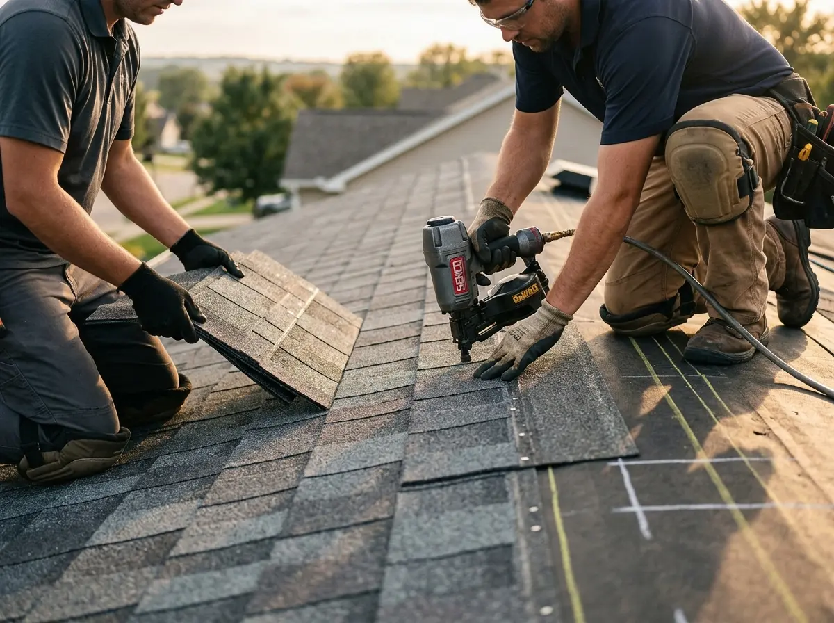 Professional roofer working on a residential roof in West Hazleton